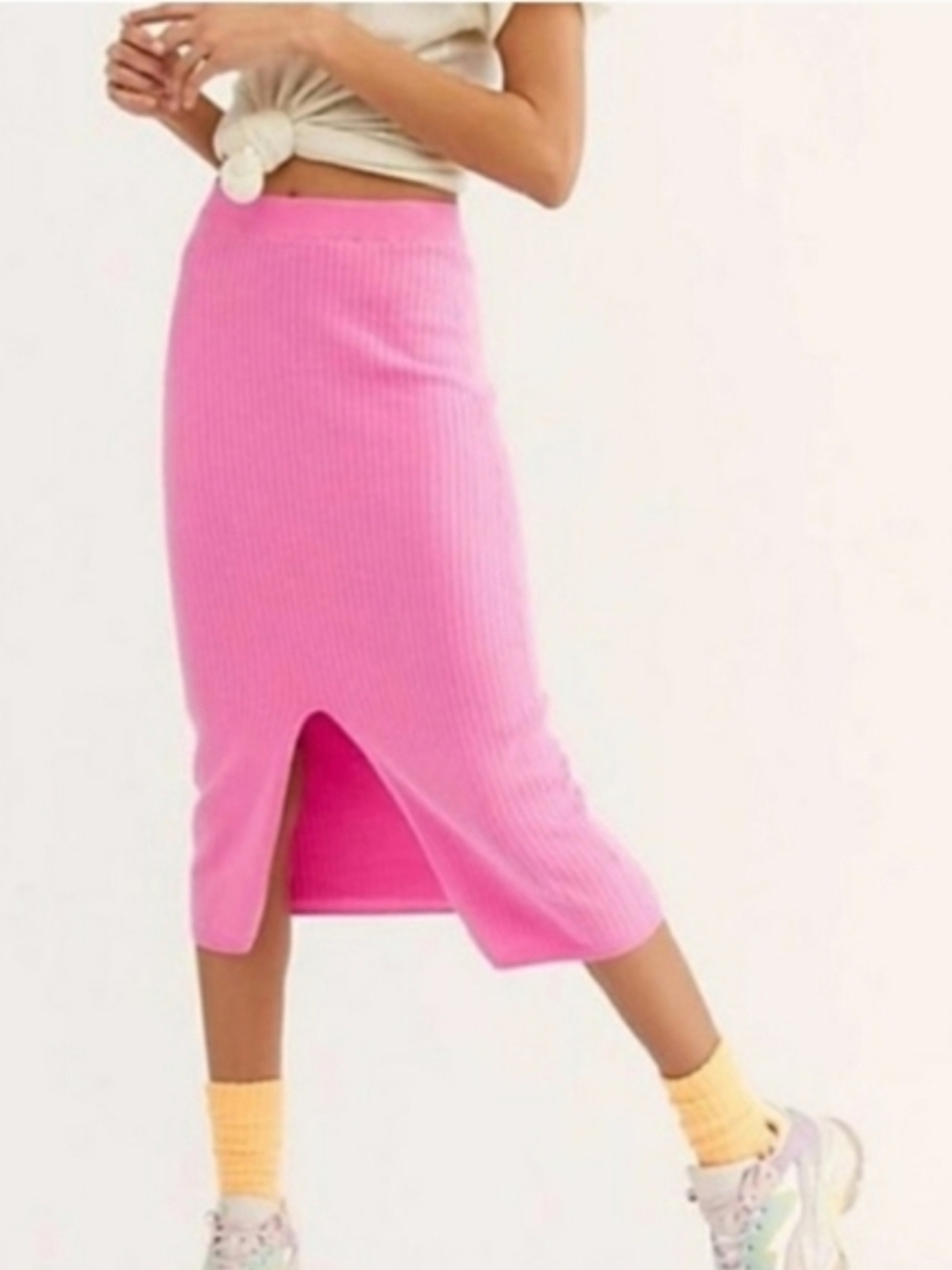 Free People Hot Pink Ribbed Midi Skirt with Front Slit
